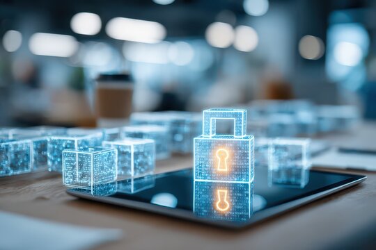 Digital padlock with binary code on tablet, symbolizing data security.