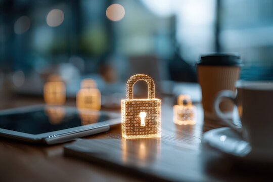 Glowing digital padlock, binary code, representing strong cybersecurity.