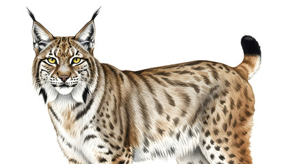 Fototapeta premium Eurasian lynx standing isolated on white background, wild carnivore animal close-up, perfect for wildlife and nature projects