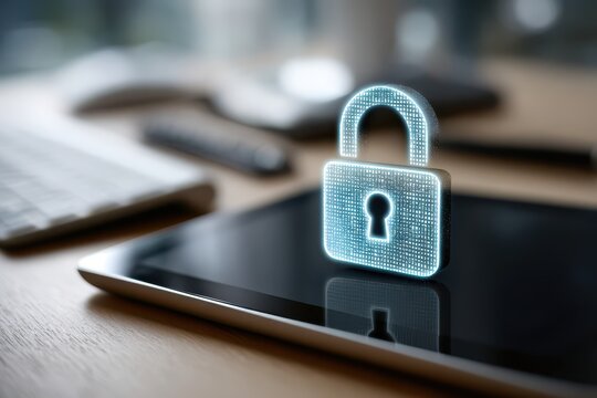 Digital padlock glowing on a tablet screen, symbolizing robust cybersecurity.