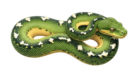 Green tree python coiled on white background, close-up of exotic tropical snake, perfect for wildlife or reptile themed projects