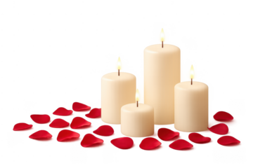 Burning candles with red rose petals, transparent background