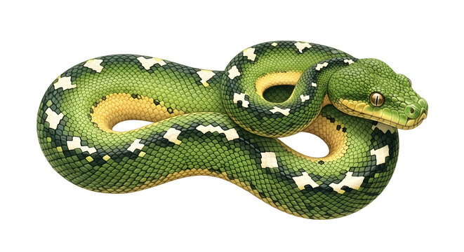Green tree python coiled on white background, close-up of exotic tropical snake, perfect for wildlife or reptile themed projects
