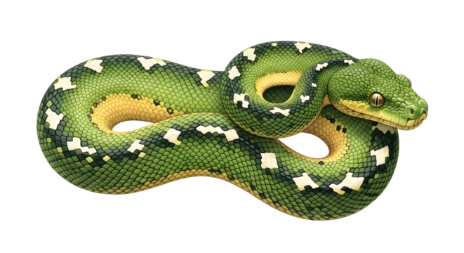 Green tree python coiled on white background, close-up of exotic tropical snake, perfect for wildlife or reptile themed projects