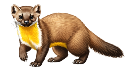 Illustration of an American marten with brown fur and yellow throat next to white background, perfect for wildlife and nature projects