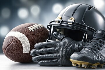 Essential American football gear: helmet, ball, glove, and cleats ready.