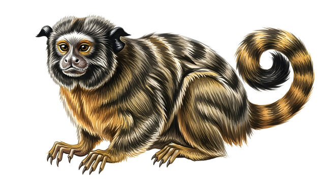 Illustration of a small brown marmoset monkey with striped fur and curled tail, isolated on white background, perfect for educational and wildlife projects