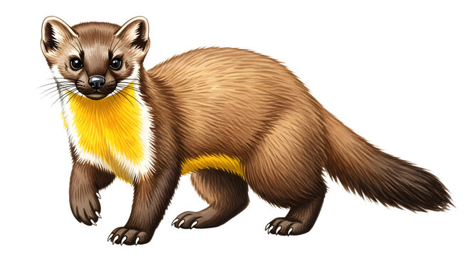 Illustration of an American marten with brown fur and yellow throat next to white background, perfect for wildlife and nature projects