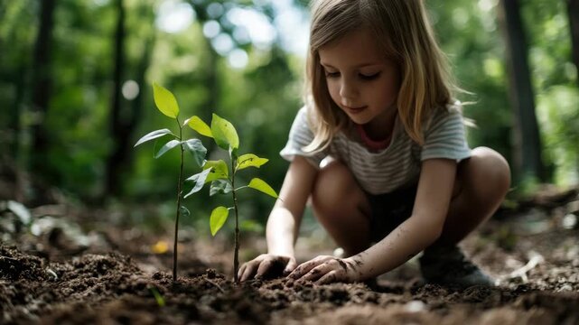 A young child carefully plants a tree seed in the ground with a determined look.