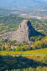 High-Angle View of a Towering Meteora Rock Formation and the Expansive Valley Landscape, Near Kalambaka, Thessaly, Greece