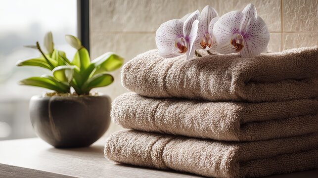 Luxurious spa towels stacked elegantly with delicate orchids creating a serene, tranquil atmosphere for ultimate relaxation and rejuvenation.