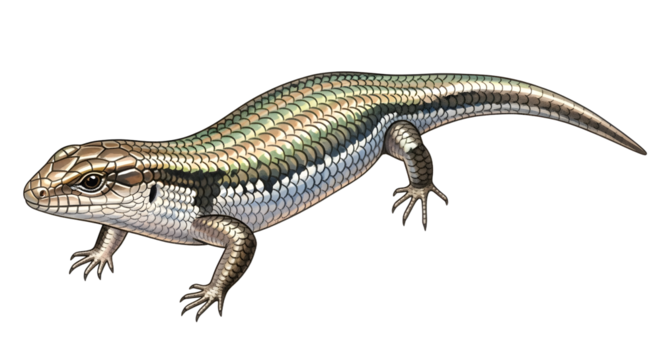 Realistic skink lizard isolated on white background, detailed reptile illustration perfect for educational and nature presentations