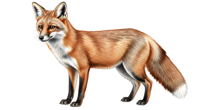 Red fox isolated on white background, wild animal in natural pose, perfect for wildlife or nature projects