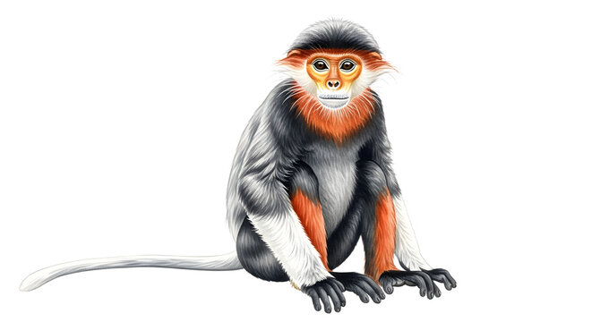 Red-shanked douc langur monkey sitting isolated on white background, detailed wildlife animal portrait, perfect for nature and zoology projects