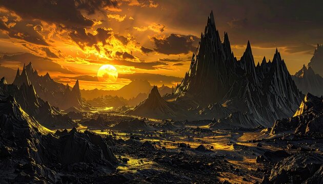 Dramatic mountain landscape at sunset with glowing lights reflecting on water during golden hour