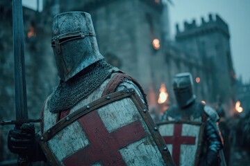 Fototapeta premium A formidable medieval crusader knight in full armor holding a sword and shield