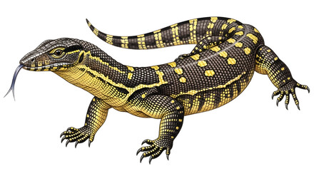 Obraz premium Yellow and black monitor lizard with forked tongue extended isolated on white background, close-up of reptile skin and texture