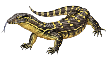 Yellow and black monitor lizard with forked tongue extended isolated on white background, close-up of reptile skin and texture
