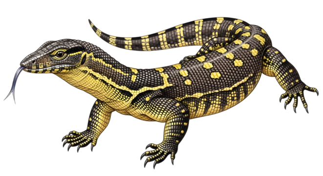 Yellow and black monitor lizard with forked tongue extended isolated on white background, close-up of reptile skin and texture
