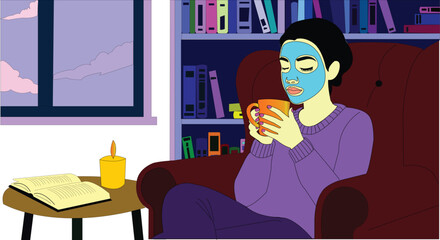 Woman with face mask holding a mug in a cozy armchair with books and candle Keywords: woman, face mask, skincare, relaxation, cozy, armchair, mug, tea