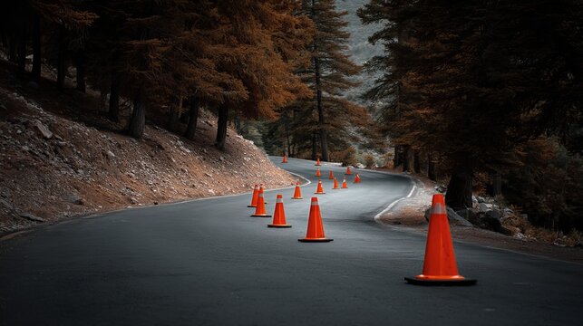 Orange traffic cones guide a winding mountain road through a dense forest with warm autumn foliage creating a dramatic scene