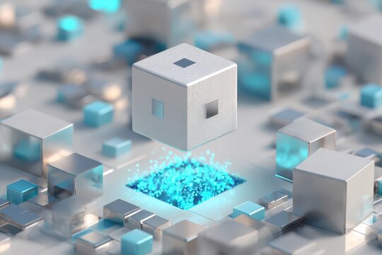 A futuristic 3D render depicting data exchange with a glowing cube on a circuit grid - Powered by Adobe