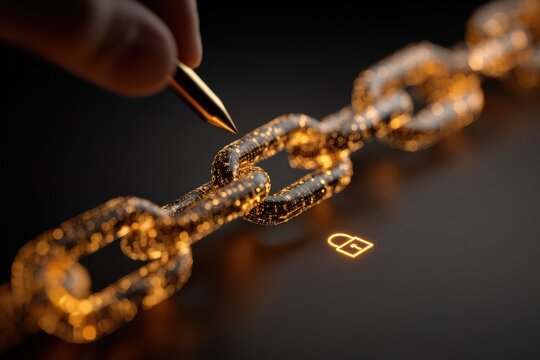 Hand on glowing blockchain chain, digital security and data connection concept.