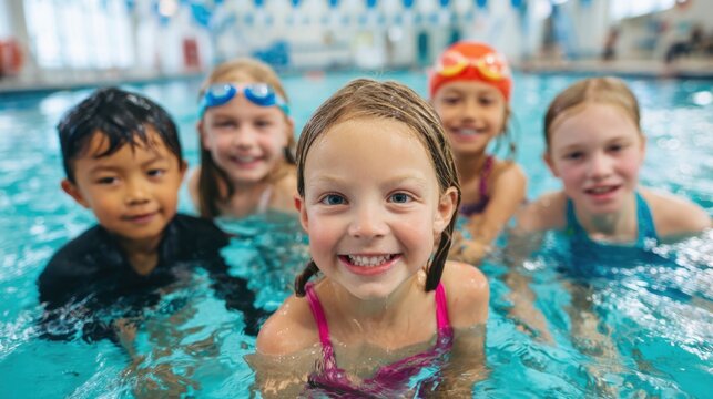 Joyful kids with colorful swim gear are learning to swim in a bright indoor pool.