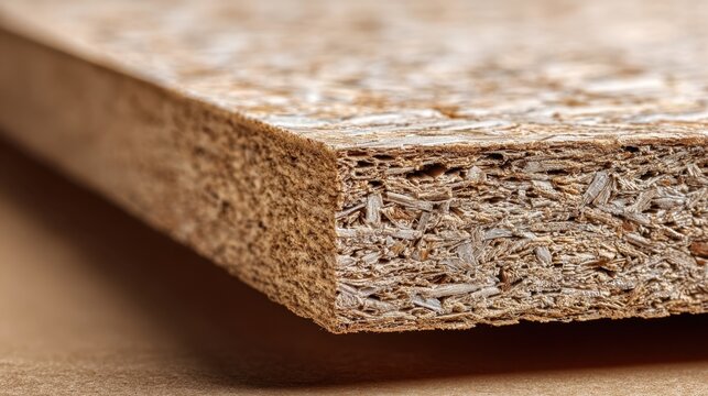 The image shows a close up of an engineered wood board highlighting its unique texture and composition.