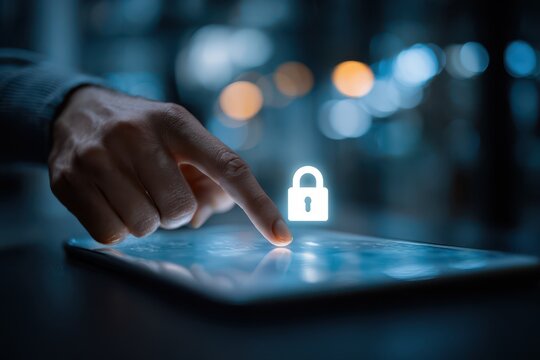Hand interacting with a tablet displaying a glowing padlock for digital security.