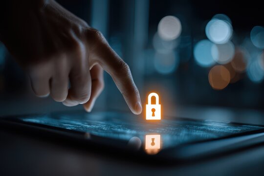 Finger touching glowing padlock on a tablet, symbolizing cybersecurity.