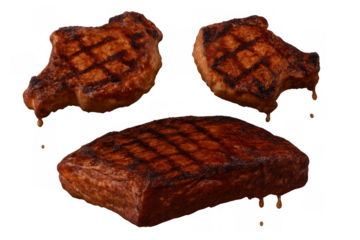 Grilled beef steaks with grill marks and dripping juices floating, appetizing barbecued meat cut out on transparent background