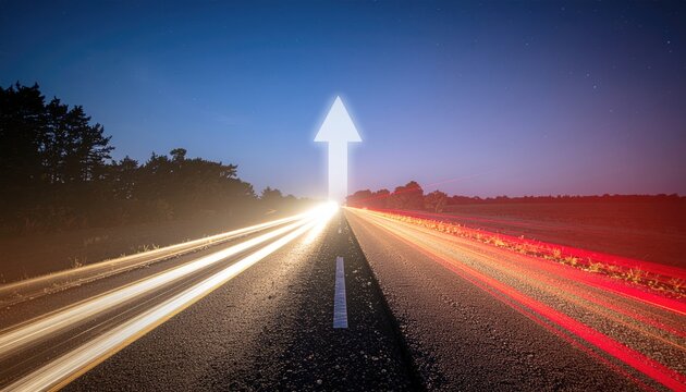Highway at night with glowing arrow pointing upwards over a starry sky and light trails from passing vehicles symbolizing progress and success