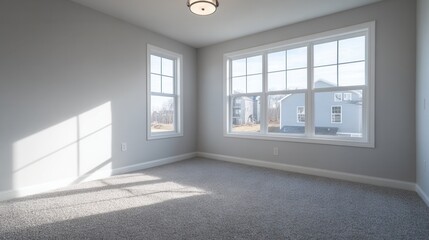 Fototapeta premium Bright and Airy Empty Room With Large Windows and Soft Carpet in a New Home Setting