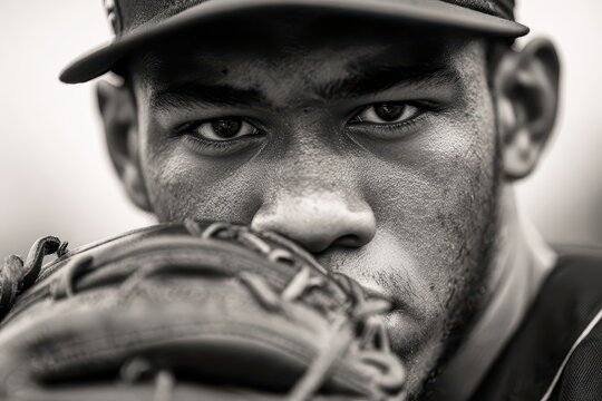 Dramatic close-up of a determined baseball player with his glove and cap