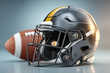 Fototapeta premium Sleek black football helmet with yellow stripe and ball, studio shot.
