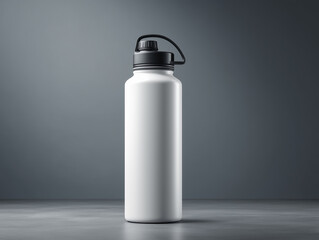 Sleek white water bottle displayed on a minimalistic dark background, highlighting its modern design and versatility for daily use. Mockup