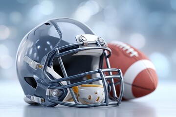 A professional 3D render of a modern American football helmet and ball.