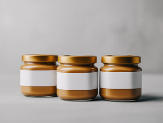 Unique jars of creamy spread arranged neatly on a gray surface in a minimalistic setting