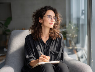 Woman sits in modern living room, enjoying sunlight while writing in notebook and reflecting on her thoughts in a stylish environment