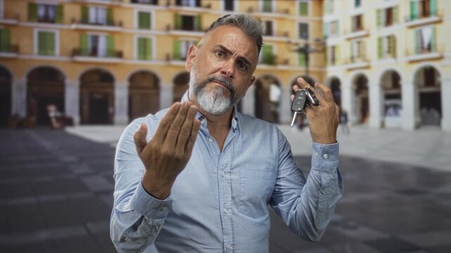 Man with grey beard holding car keys and pointing at viewer in building plaza wearing blue shirt and open collar; frustration urgency.