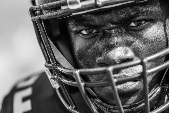 Close-up of a determined American football player's face, sweating intensely