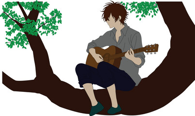 Young man playing acoustic guitar while sitting on a tree branch with green leaves Keywords: guitar, musician, music, acoustic, tree, nature, sitting, young