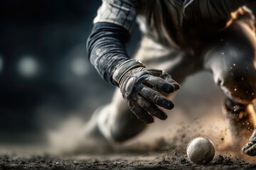 Baseball player diving for the ball on a dusty field during an intense game