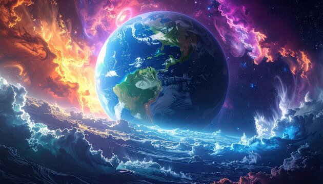 Earth And Nebula In Cosmic Space With Colorful Light And Stars