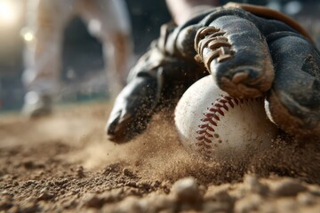 Close-up of a baseball glove catching a baseball, kicking up dust on the field.