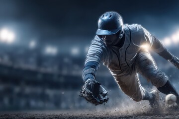 A professional baseball player diving to catch a ground ball on a dusty field