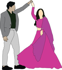 Couple Dancing in Traditional Indian Attire on White Background Keywords: couple, dancing, man, woman, traditional, Indian, attire, clothing, pink, dress