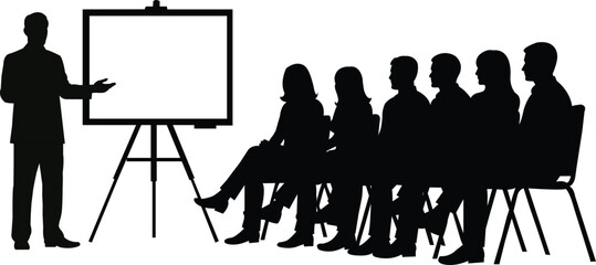 Silhouette of a man presenting to an audience seated in chairs Keywords: presentation, meeting, audience, speaker, lecture, seminar, conference, business
