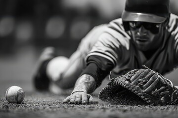 Monochrome shot of a baseball player sliding on dirt with glove and ball.